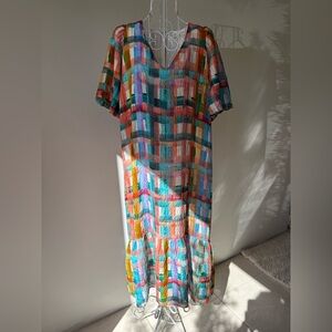Marie Oliver Linen Silk Blend Plaid Dress Multicolor Puff Sleeve Size M